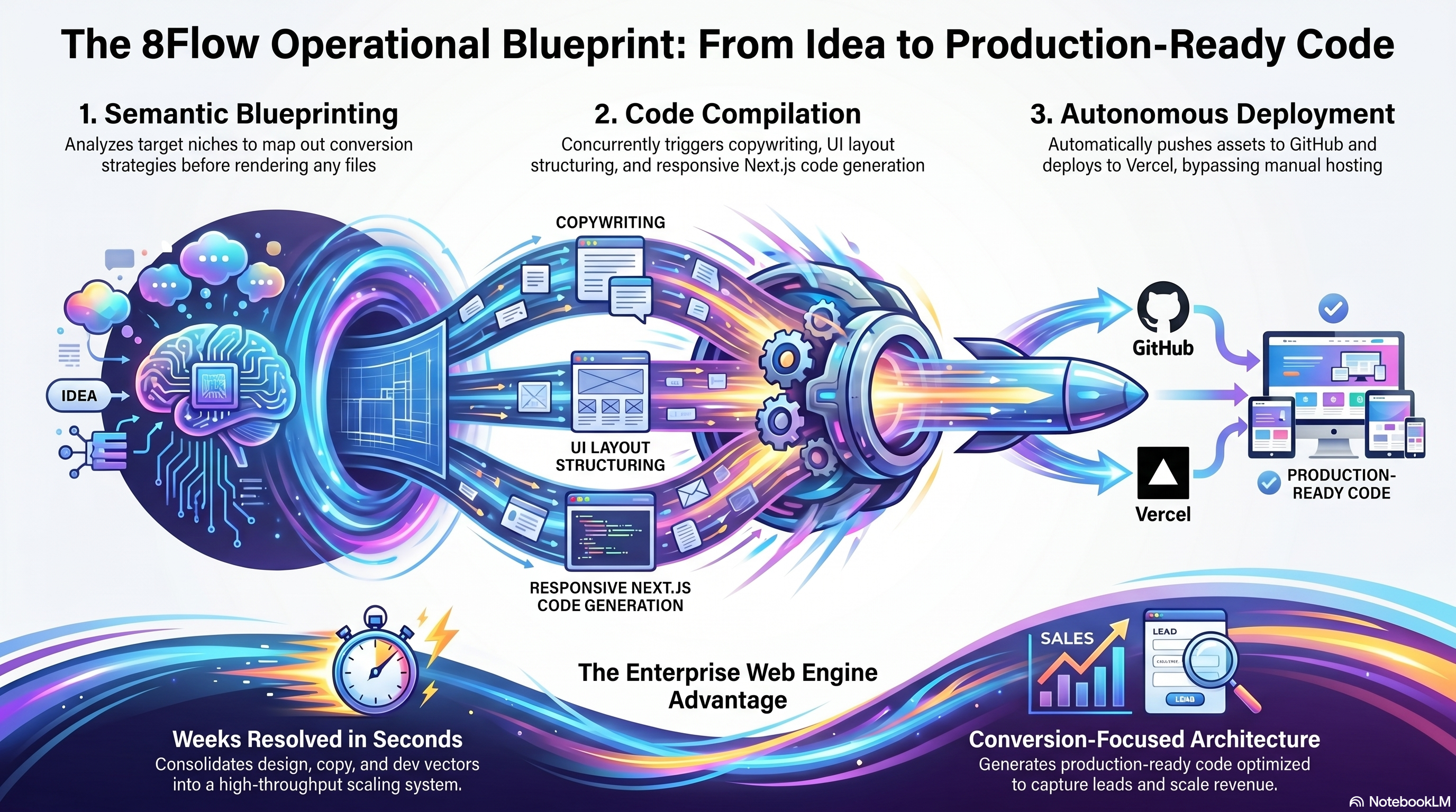 Infographic showing the 3 phases of AI Web Compilation: Blueprinting, Compilation, and Deployment.